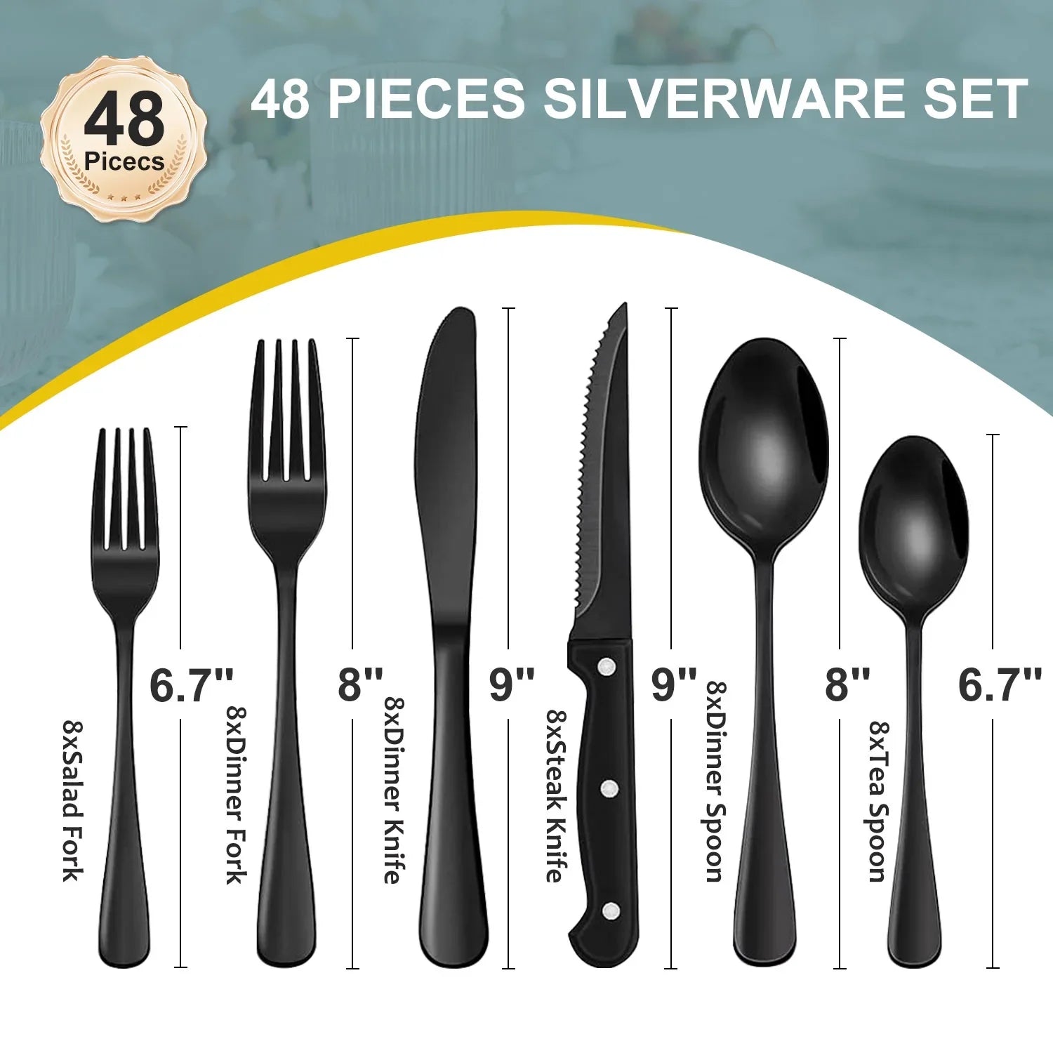 Bluebow Black Silverware Set with Steak Knives, Flatware Cutlery Set for 4, Food-Grade Stainless Steel Kitchen Tableware Set