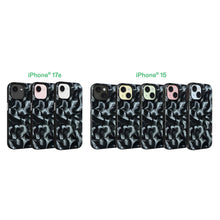 Set of black phone cases with metallic silver ripple pattern, showing multiple device sizes