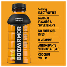 Orange mango sports drink bottle with black cap, 590mg electrolytes label