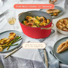 Tomato red multi-cooker pot with lid and internal food contents