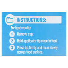 Cheese spray instructions panel with steps for removing cap and applying over food.