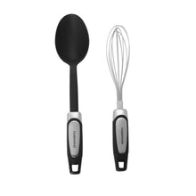 Black spoon and wire whisk with comfort handles and utensil loop ends