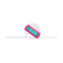 Lid button on a Passion Pink stainless steel tumbler with straw opening