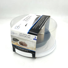 Cake carrier set package with clear dome and gray round pans