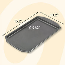 Rectangular nonstick baking sheet, dark gray steel pan with size markings