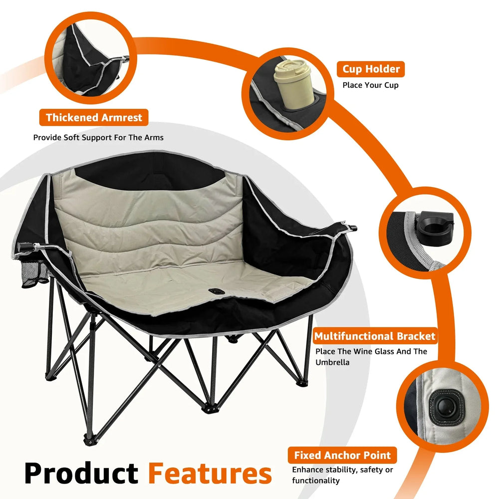 Jacgood Double Camping Chair for Couples, Comfortable Folding Loveseat with 2 Cup Holders & Armrests, Heavy-Duty 660lb Capacity for Camping - USA MEGA SHOP