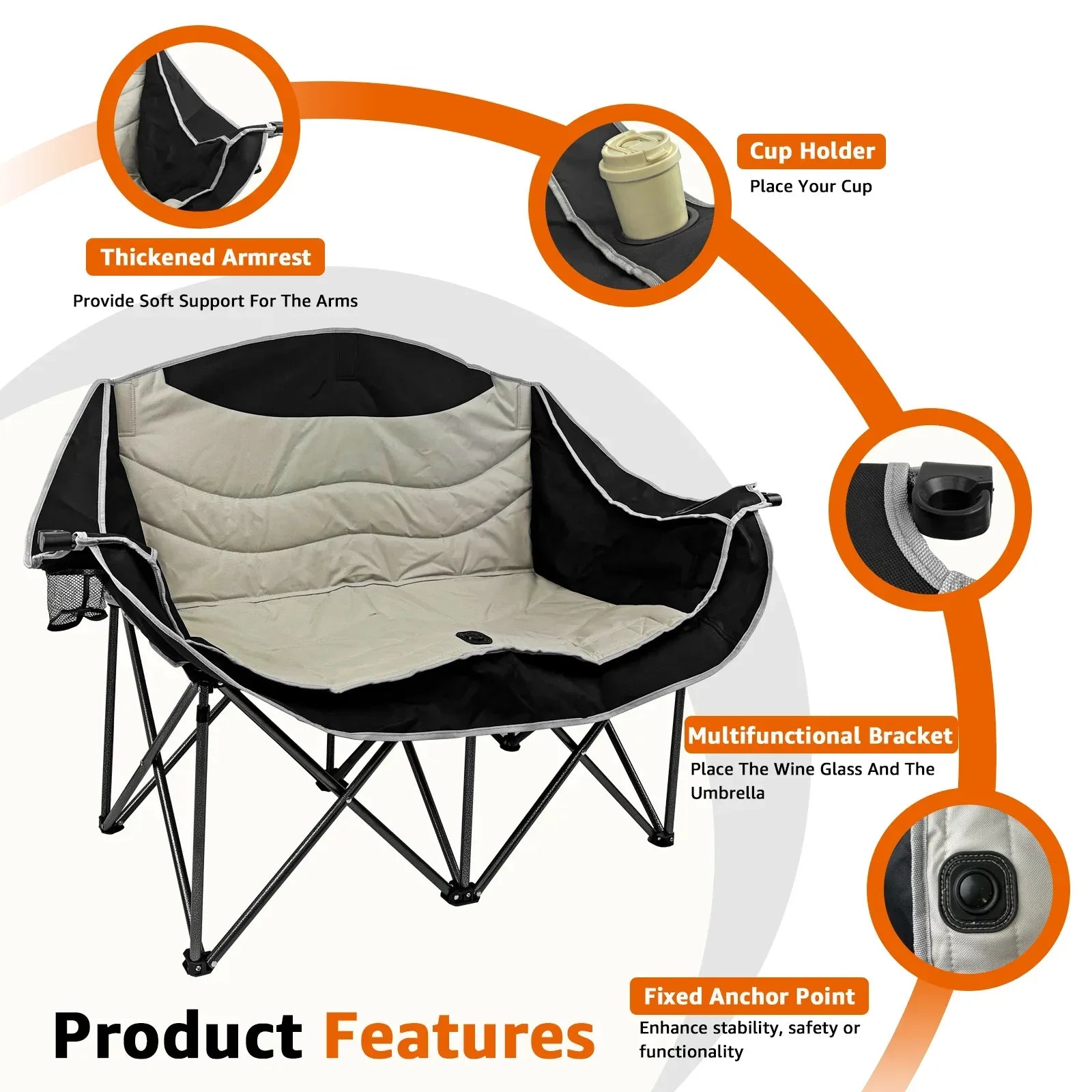 Jacgood Double Camping Chair for Couples, Comfortable Folding Loveseat with 2 Cup Holders & Armrests, Heavy-Duty 660lb Capacity for Camping