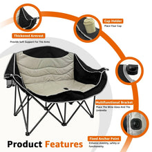 Double camping chair with thick armrests and built-in cup holder area on black frame