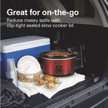 Red slow cooker with removable crock, sealed clip lid, and front control panel