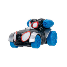Mini action launcher vehicle with black, silver, and red accents and blue wheels