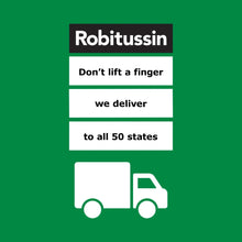 Robitussin promotional graphic with text blocks and delivery truck icon