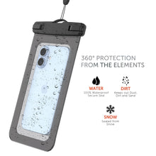 Waterproof phone pouch with clear back window and black top latch, water droplets