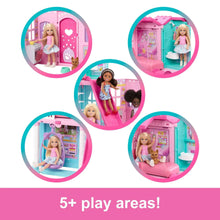 Pop-up doll house playset showing multiple rooms with three dolls and accessories