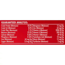 Guaranteed analysis label on dog treat packaging with red nutrition value table