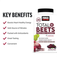 Force Factor beetroot supplement bottle with key benefits checklist and 60 soft chews