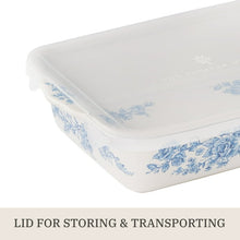 White baking dish with lid and blue floral side border pattern