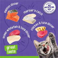 Wet cat food variety label panel with fish images: salmon, ocean whitefish & tuna, chicken