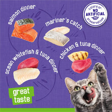 Purina Friskies pate variety pack showing multiple dinner flavors: salmon, tuna & chicken