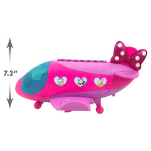 Pink and teal Minnie jet toy with heart decals and size marking, 7.2 in