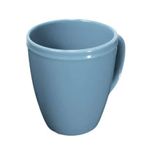 Blue stoneware mug with open top and tapered silhouette