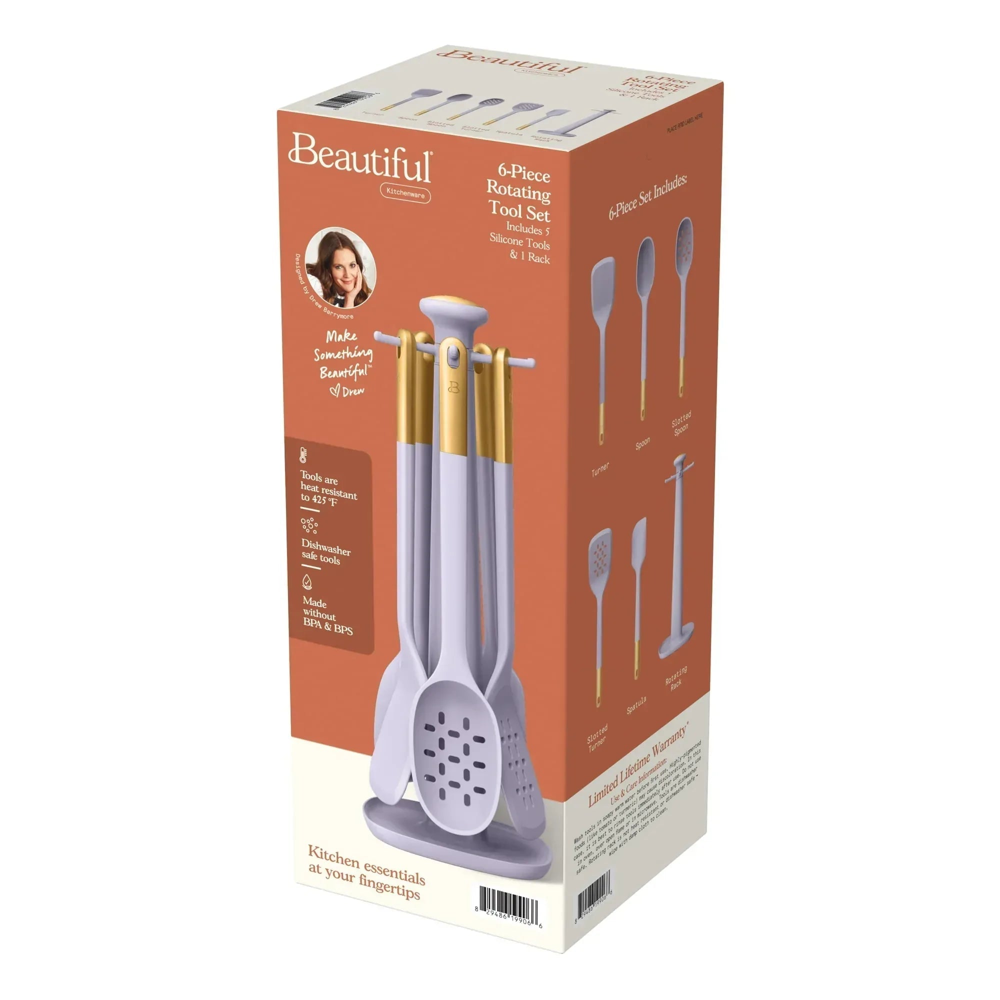 Beautiful 6-Piece Silicone Kitchen Utensil Tool Set with Rotating Rack, Black Sesame by Drew Barrymore