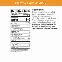 Honey almond granola nutrition facts and ingredients panel on pouch