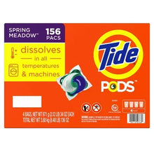 Tide PODS Spring Meadow detergent pacs box, 156 count, dissolves in all machines label