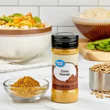 Great Value curry powder bottle with black cap and beige-gold spice
