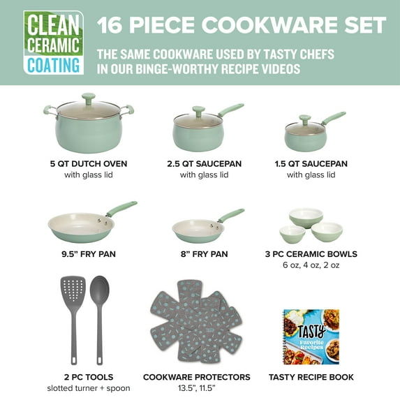 Tasty Clean Ceramic 16 Piece Non-Stick Aluminum Cookware Set, Sage Green