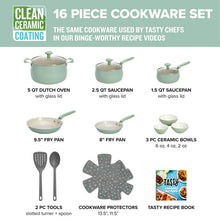 Assorted sage green ceramic non-stick cookware pieces, including pans, dutch oven, bowls, and tools