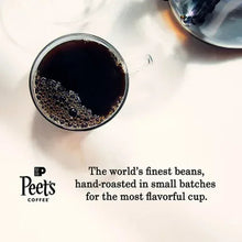 Cup of dark coffee with Peet's logo and text about hand-roasted small batches