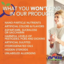 Product ingredient warning infographic with bulleted list and NOW logo