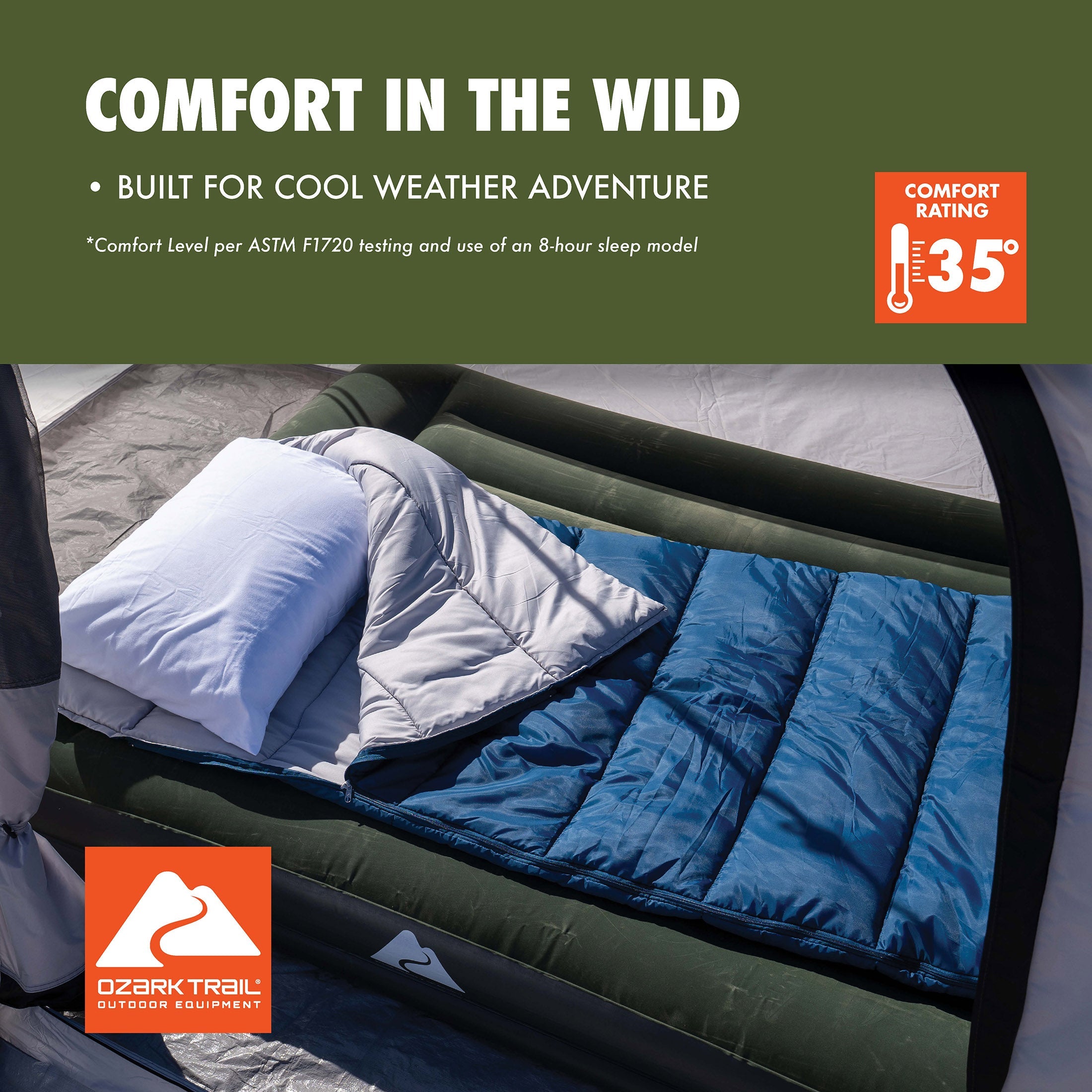 Ozark Trail 35°F Cool Weather Rectangular Sleeping Bag with Recycled Polyester and ZIP SHIELD