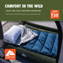 Rectangular sleeping bag opened, blue and gray interior with quilted baffles.