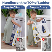 White potty training toilet seat with blue ladder, top handles for easy climb and carry