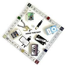 Trivia game board layout with illustrated cards, tokens, and generation-themed pieces