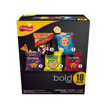 Snack chip variety pack box with 18 small bags, FritoLay and assorted chip brands