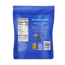 Blueberry crumble granola back pouch with nutrition facts and ingredient information