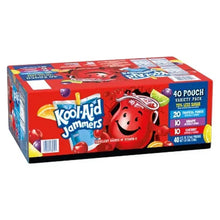 Juice pouch variety pack carton with cartoon face and '40 pouch variety pack' label