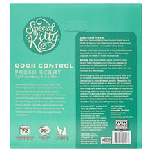 Cat litter info panel, odor control fresh scent, tight clumping description