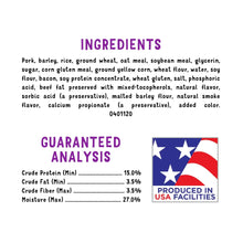 Dog treat pouch ingredients and guaranteed analysis panel with USA facilities label.