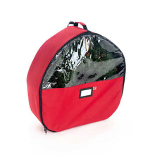 Red wreath storage bag with clear viewing window and label slot