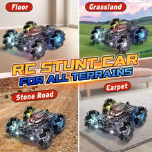 RC stunt car with green body, red cracked pattern, and bright blue LED lights