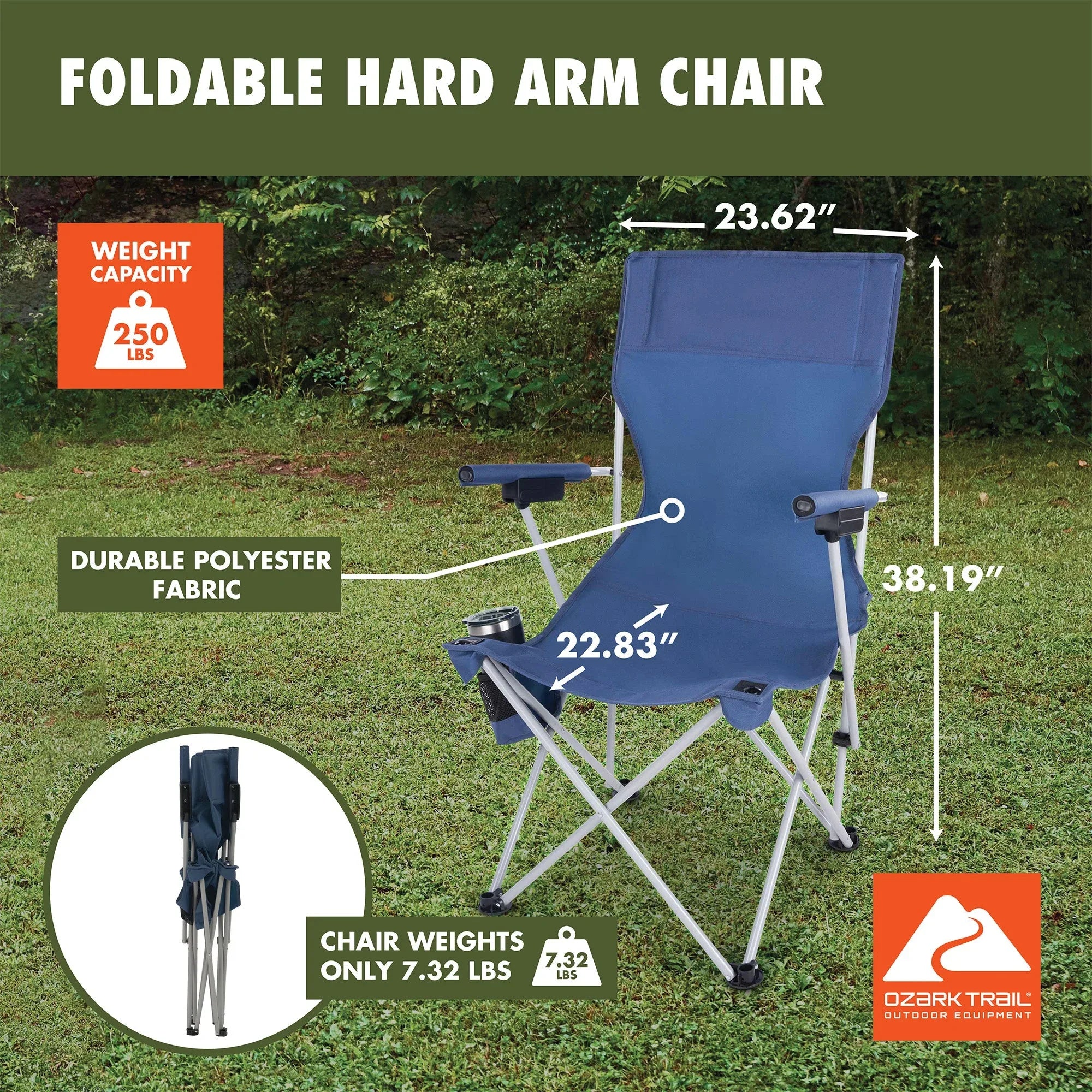 Ozark Trail Hard Arm Camping Chair with Durable Polyester Seat and Steel Frame, Portable with Cup Holder - USA MEGA SHOP