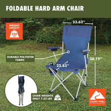 Blue folding hard arm chair with cup holder, padded seat, and steel legs