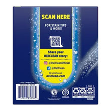 Stain remover powder box back panel with “scan here” QR code and cleaning icons