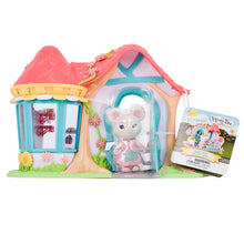 Bakery dollhouse with glass windows, pink roof, and mouse figure plus box