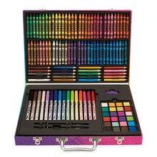 Open drawing set case with colored pencils, markers, crayons, and art tools