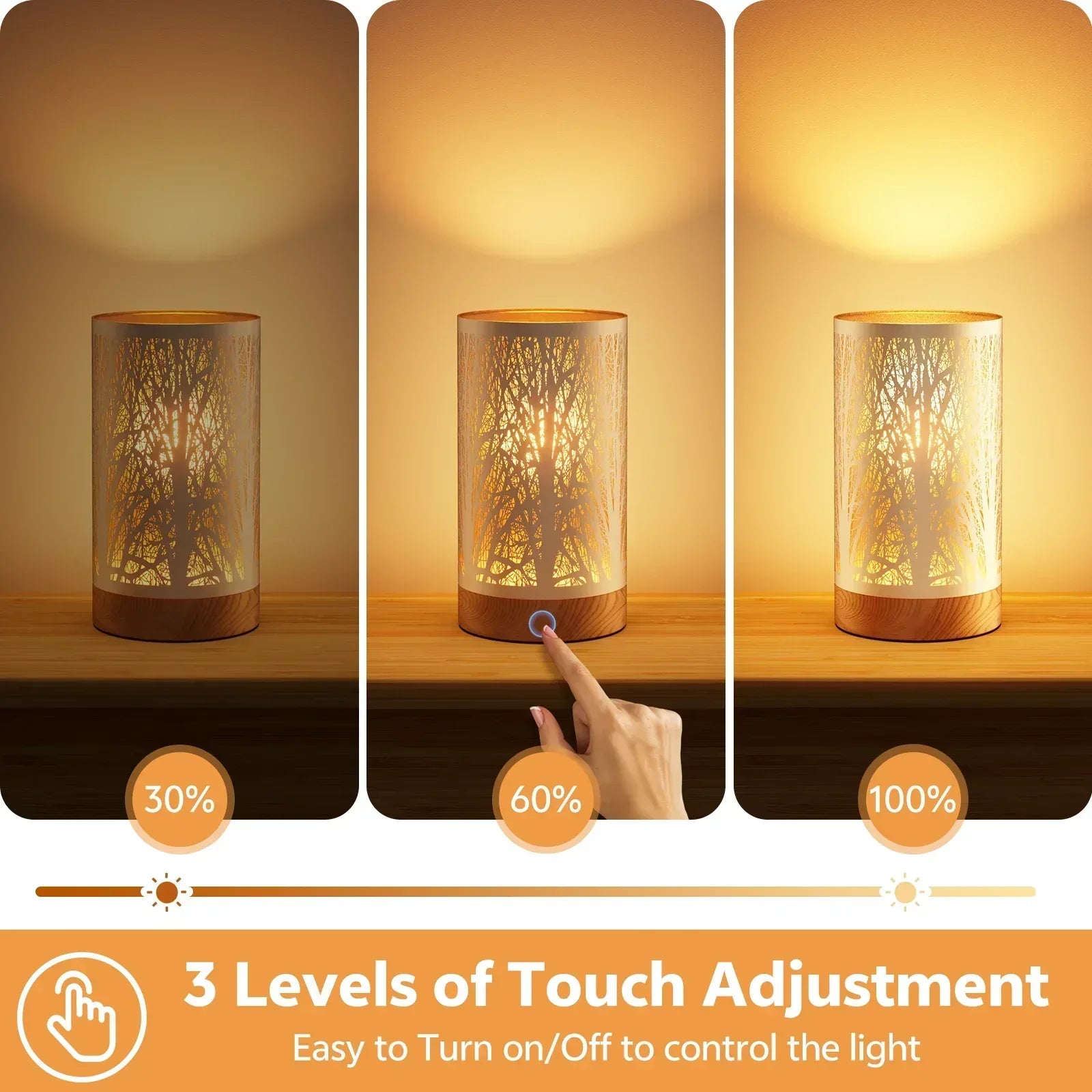 Table Lamps for Bedroom, 3-Way Dimmable Touch Control Bedside Lamp, Nightstand Lamp with Metal Branch Shade for Office, Living Room, Reading(E26 Light Bulb Included)