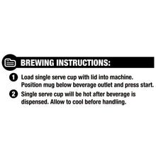 Coffee pod brewing instructions label with loading and cooling steps